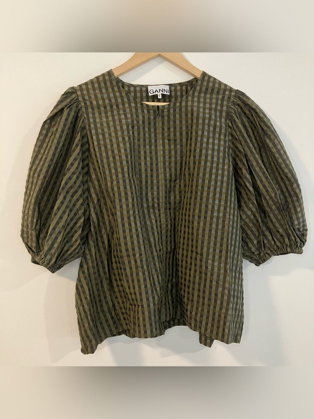 Ganni Seersucker Check Blouse in Kalamata Size 42
